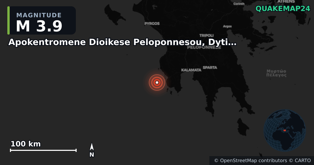 M3.9 earthquake near Apokentromene Dioikese Peloponnesou, Dytikes Elladas kai Ioniou on Sep 30, 2025 — map of epicenter and shaking intensity | QuakeMap24