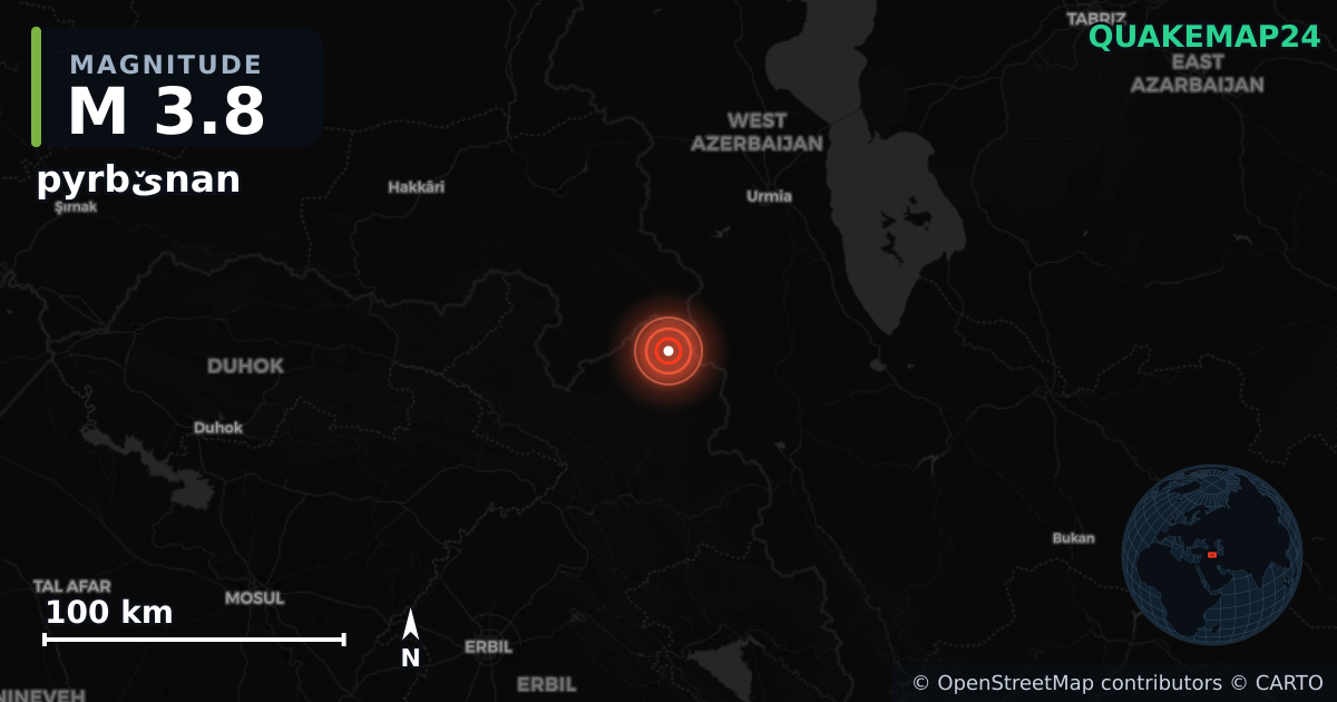 M3.8 earthquake near pyrbێnan on Jun 1, 2026 — map of epicenter and shaking intensity | QuakeMap24
