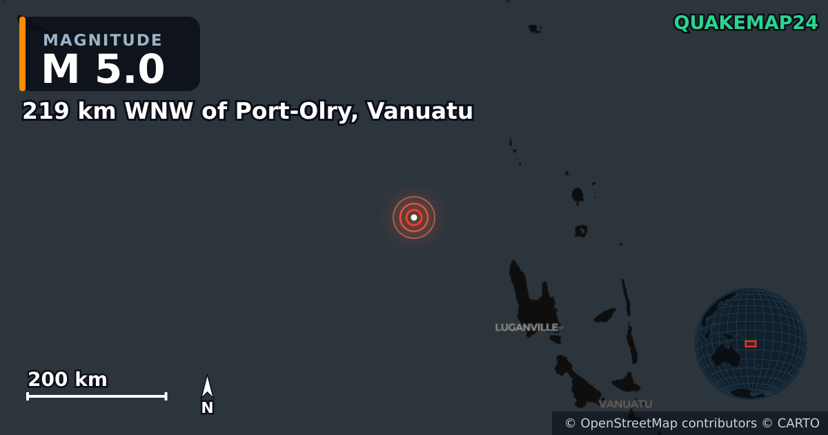 Σεισμός M5,0 κοντά στο 219 km WNW of Port-Olry, Vanuatu · 2026-10-24 — Χάρτης της θέσης του επικέντρου