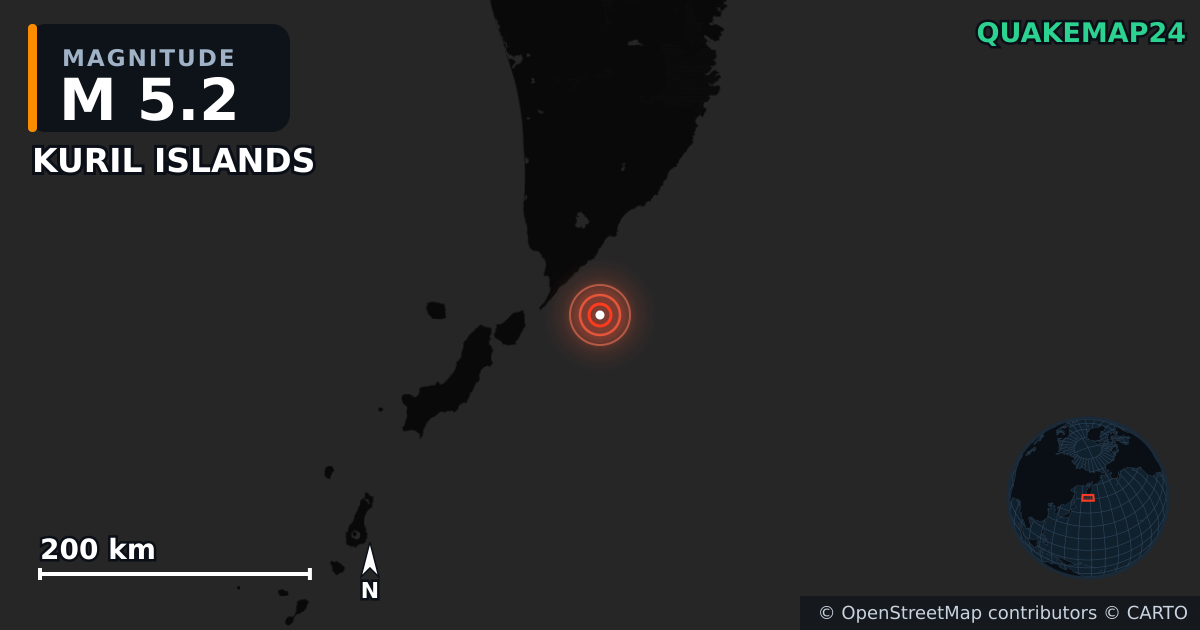 M5.2 earthquake near KURIL ISLANDS on Aug 29, 2025 — map of epicenter and shaking intensity | QuakeMap24
