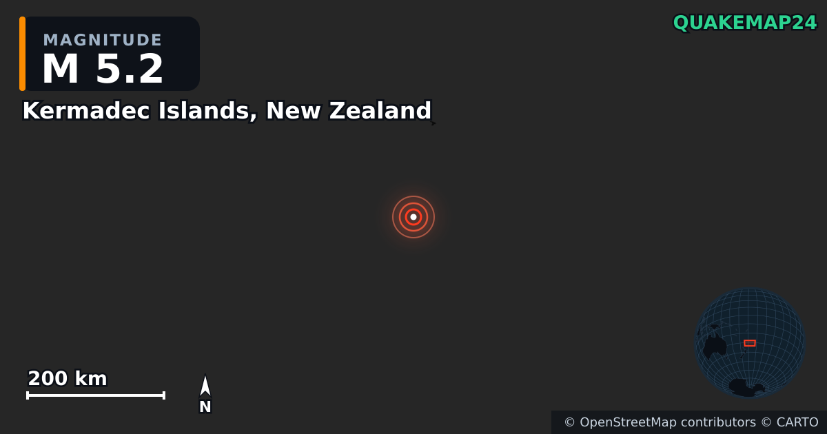 M5.2 earthquake near Kermadec Islands, New Zealand on Jan 17, 2026 — map of epicenter and shaking intensity | QuakeMap24