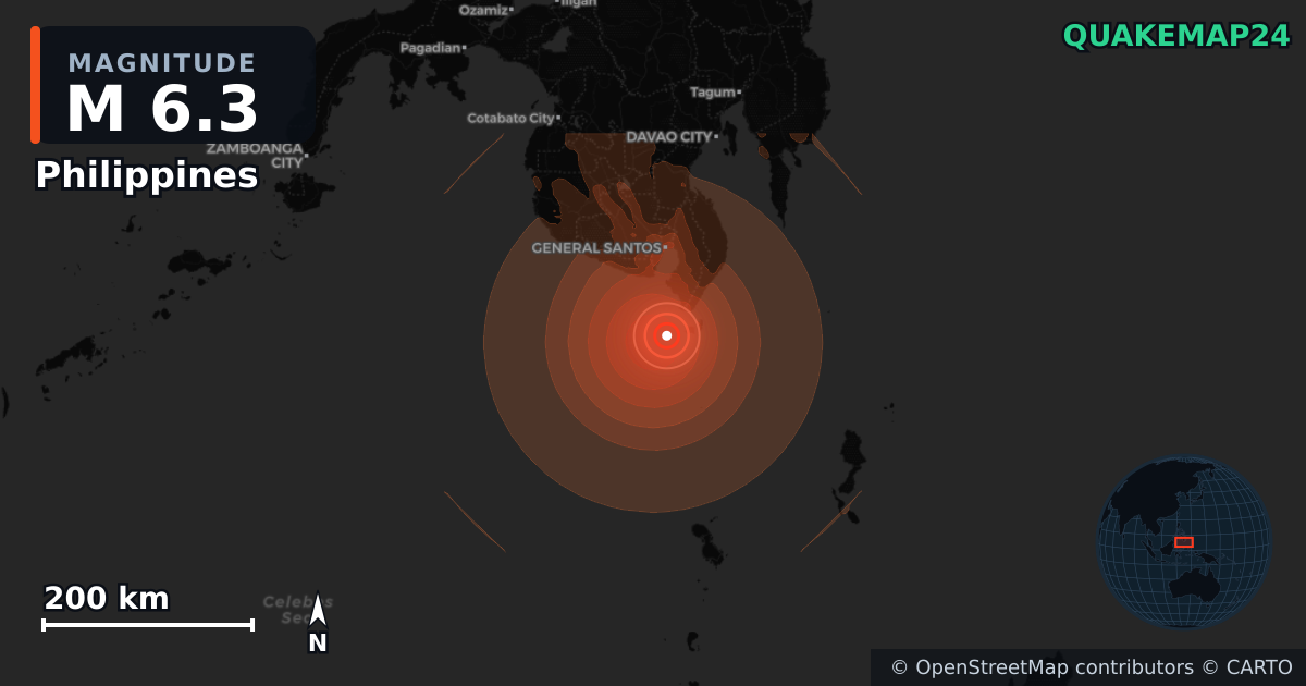 M6.3 earthquake near Philippines on Jun 26, 2026 — map of epicenter and shaking intensity | QuakeMap24
