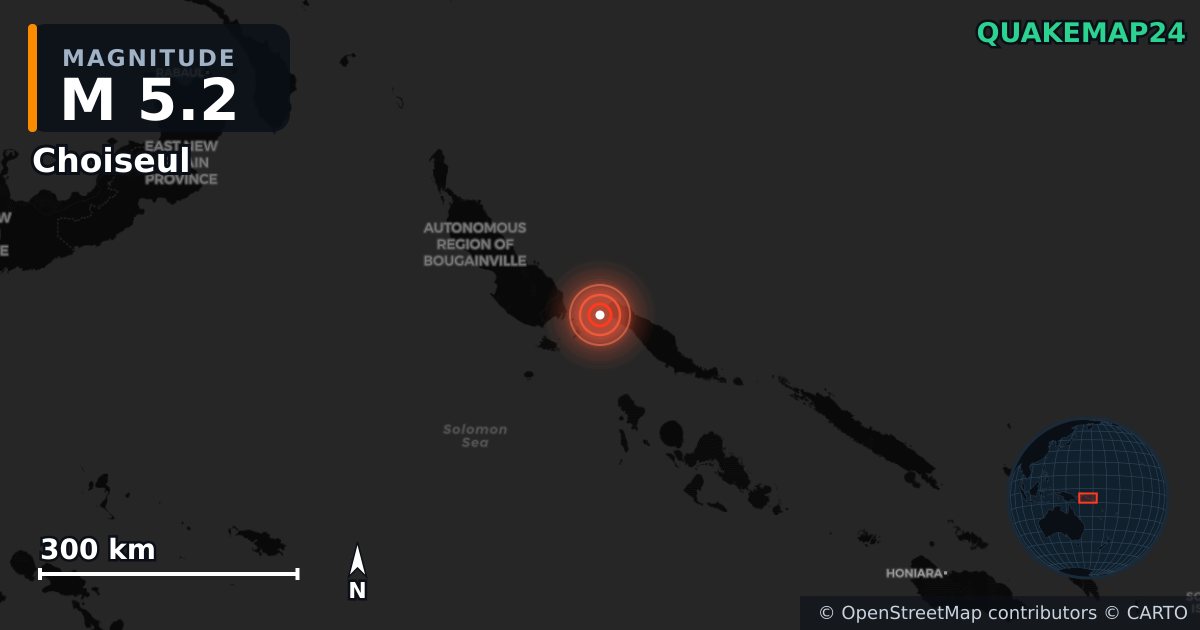 M5.2 earthquake near Choiseul on Nov 29, 2025 — map of epicenter and shaking intensity | QuakeMap24