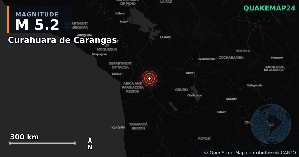 M5.2 earthquake near Curahuara de Carangas on May 12, 2025 — map of epicenter and shaking intensity | QuakeMap24