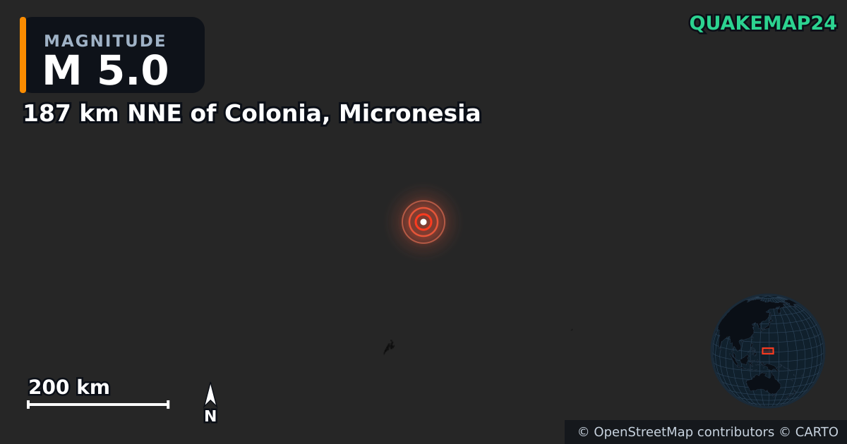 Erdbeben M5,0 bei 187 km NNE of Colonia, Micronesia · 2025-12-08 — Karte der Lage des Epizentrums
