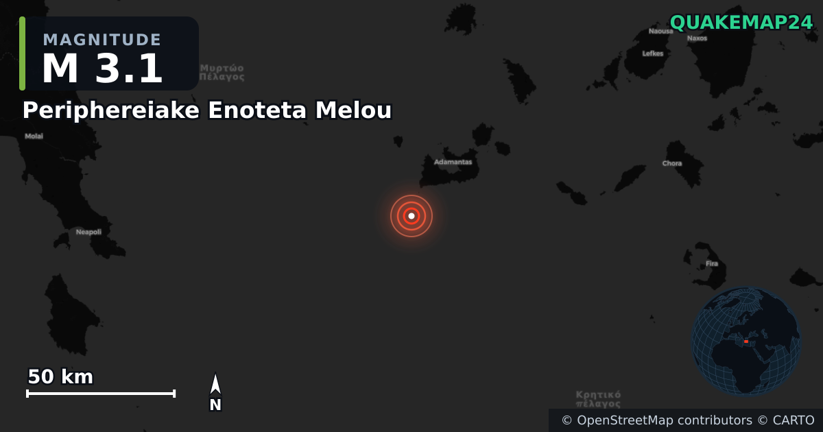 M3.1 earthquake near Periphereiake Enoteta Melou on Dec 25, 2025 — map of epicenter and shaking intensity | QuakeMap24