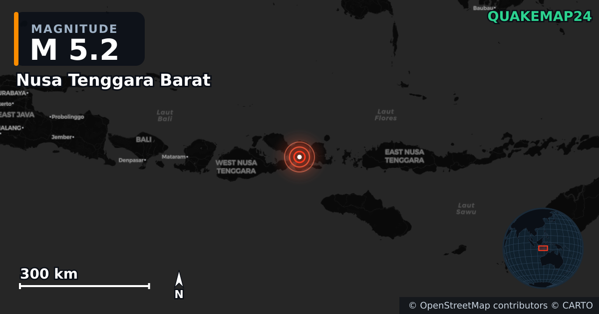 M5.2 earthquake near Nusa Tenggara Barat on Jul 6, 2025 — map of epicenter and shaking intensity | QuakeMap24