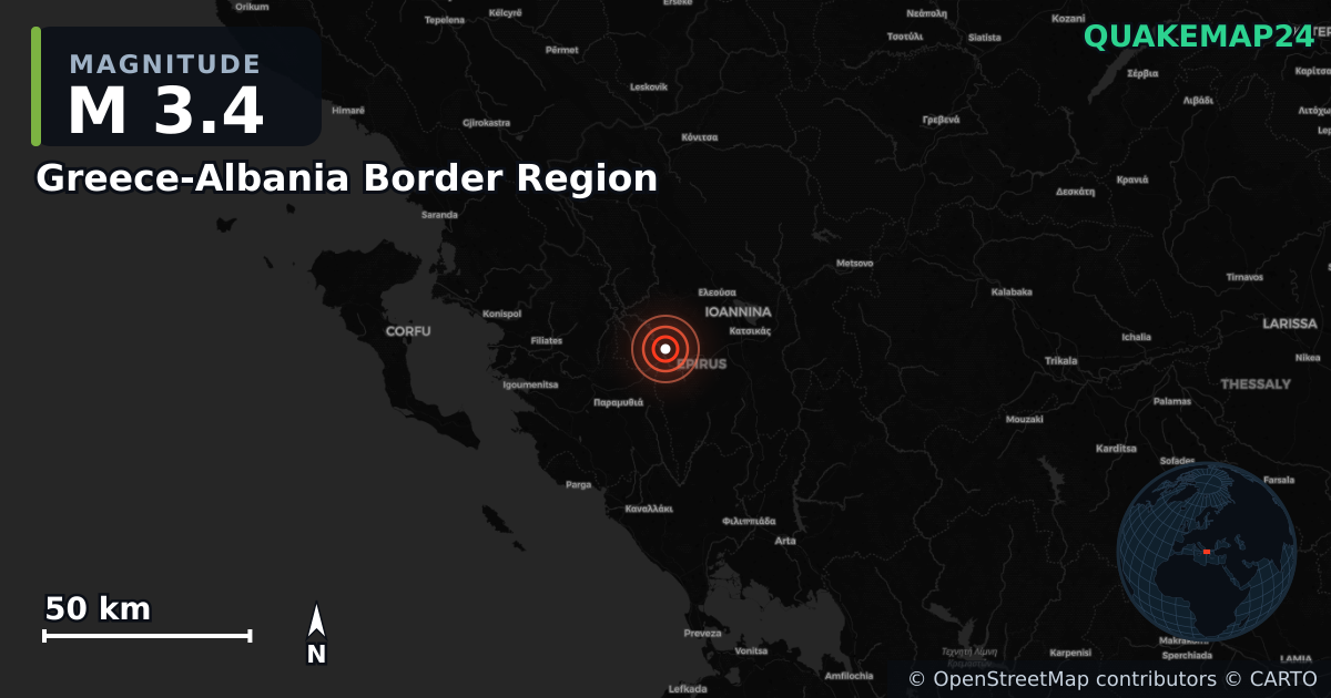 Greece-Albania Border Region yakınında M3,4 deprem · 2026-03-08 — Deprem merkez üssünün konumunu gösteren harita
