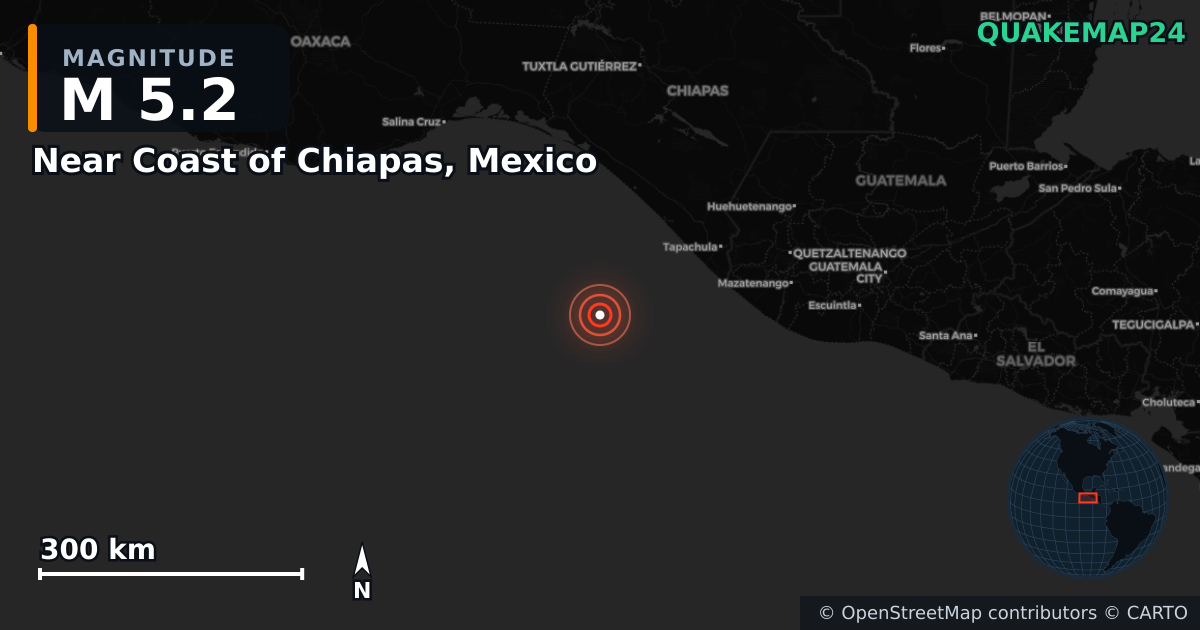 M5.2 earthquake near Near Coast of Chiapas, Mexico on Jul 17, 2026 — map of epicenter and shaking intensity | QuakeMap24