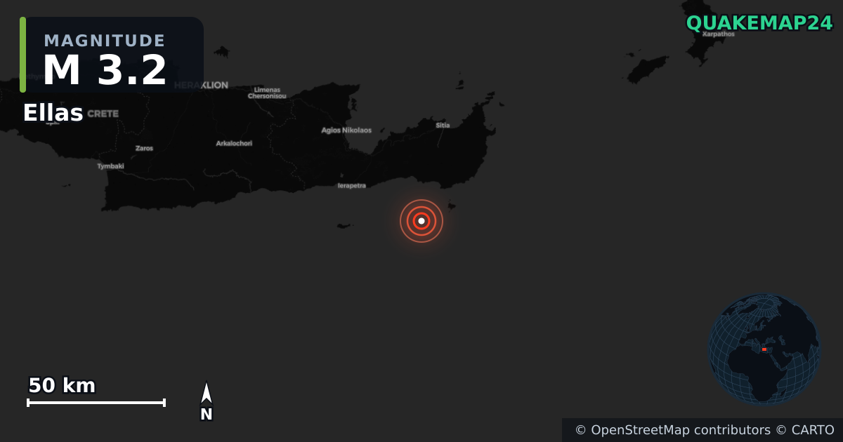 M3.2 earthquake near Ellas on Apr 24, 2026 — map of epicenter and shaking intensity | QuakeMap24