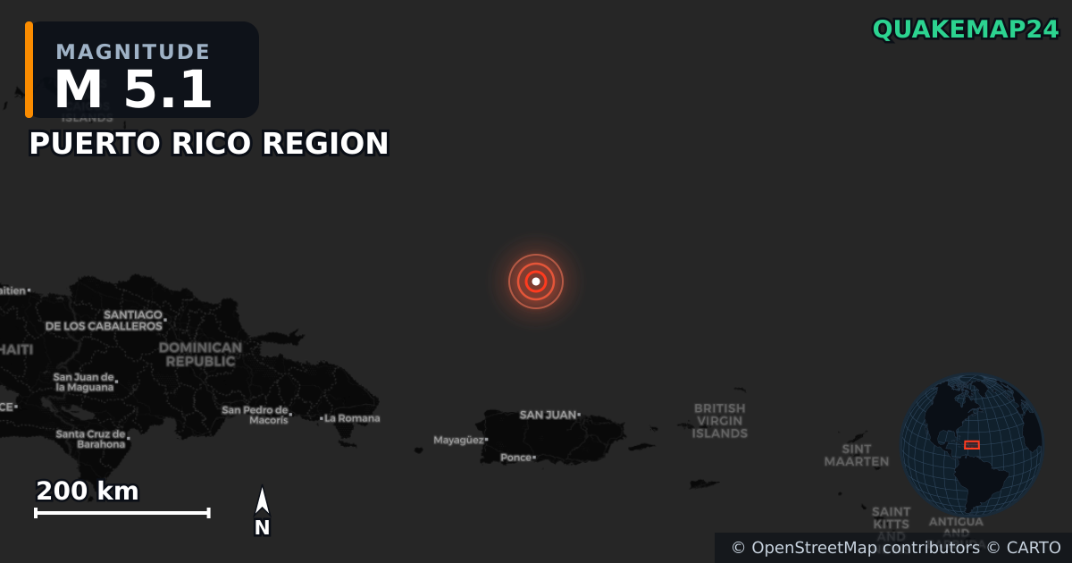 Terremoto de M5,1 cerca de PUERTO RICO REGION — Mapa de la ubicación del epicentro