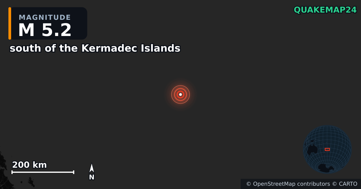 M5.2 earthquake near south of the Kermadec Islands on Mar 11, 2026 — map of epicenter and shaking intensity | QuakeMap24