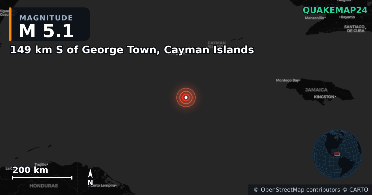 M5.1 earthquake near 149 km S of George Town, Cayman Islands on Jul 18, 2026 — map of epicenter and shaking intensity | QuakeMap24
