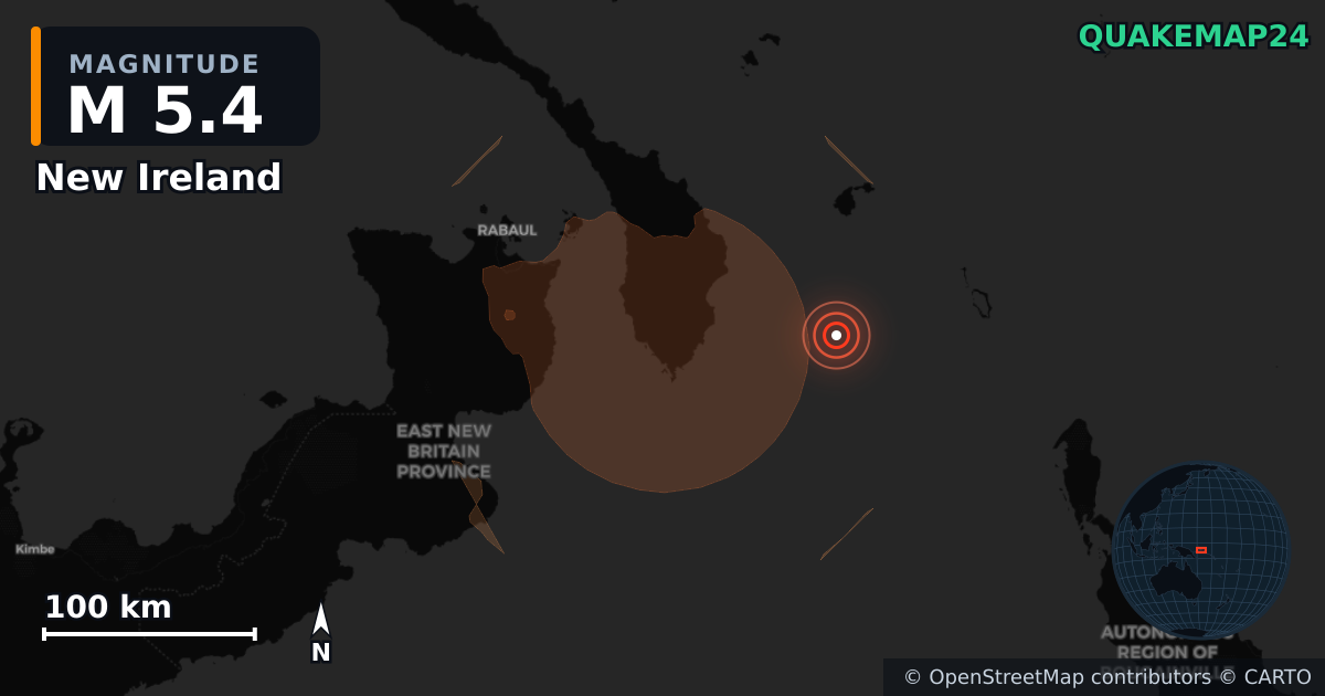 Erdbeben M5,4 bei New Ireland (Papua-Neuguinea) · 2026-09-26 — Karte der Lage des Epizentrums