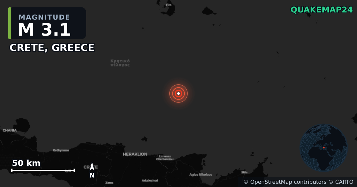 M3.1 earthquake near CRETE, GREECE on Jul 1, 2025 — map of epicenter and shaking intensity | QuakeMap24
