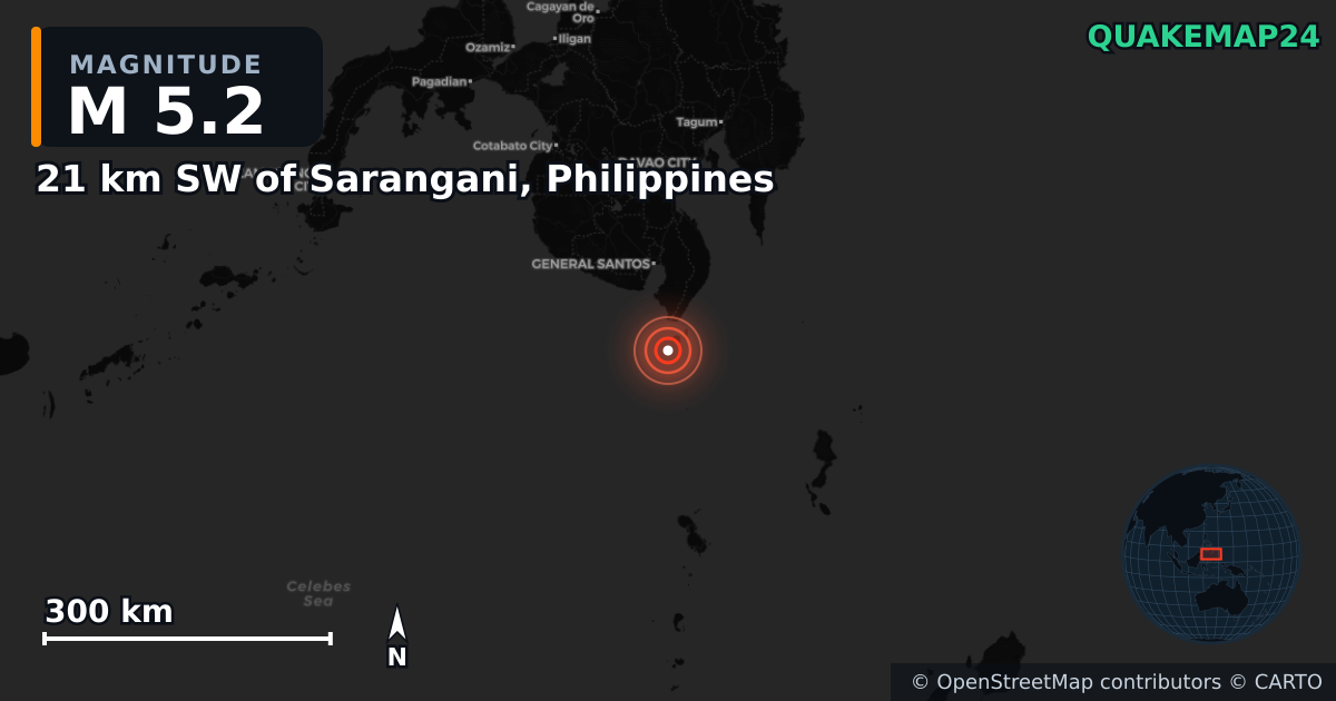 Σεισμός M5,2 κοντά στο 21 km SW of Sarangani, Philippines — Χάρτης της θέσης του επικέντρου