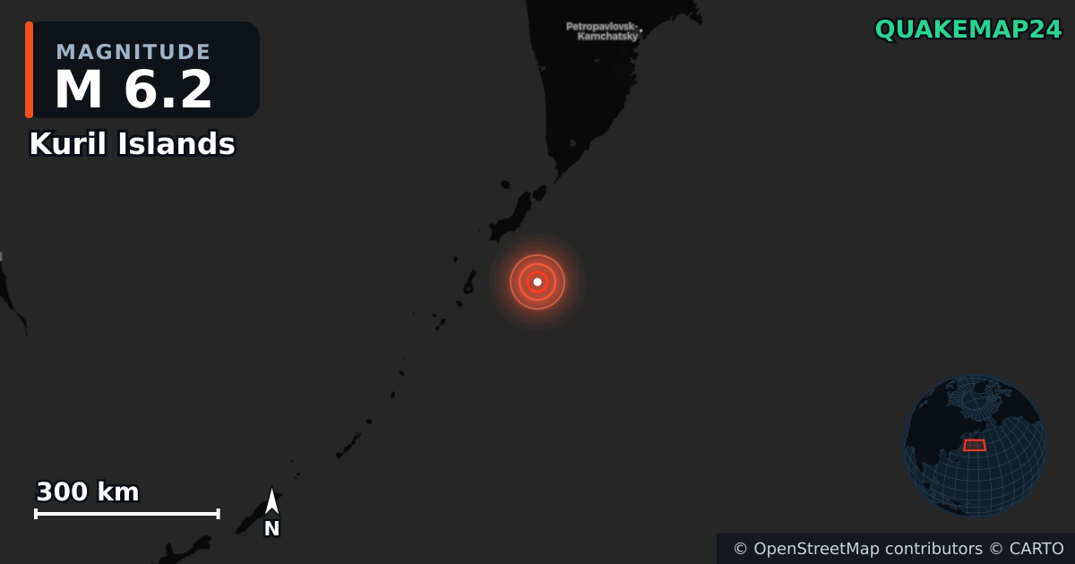 M6.2 earthquake near Kuril Islands on Jul 30, 2025 — map of epicenter and shaking intensity | QuakeMap24