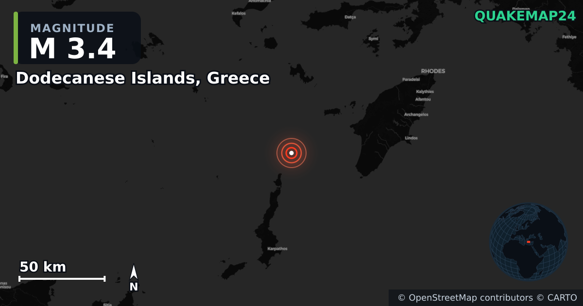M3.4 earthquake near Dodecanese Islands, Greece on Dec 11, 2025 — map of epicenter and shaking intensity | QuakeMap24