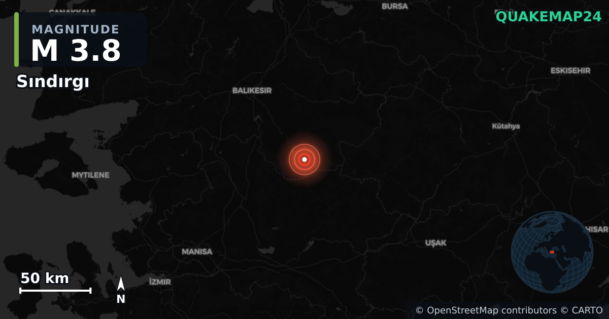 M3.8 earthquake near Sındırgı on Feb 18, 2026 — map of epicenter and shaking intensity | QuakeMap24