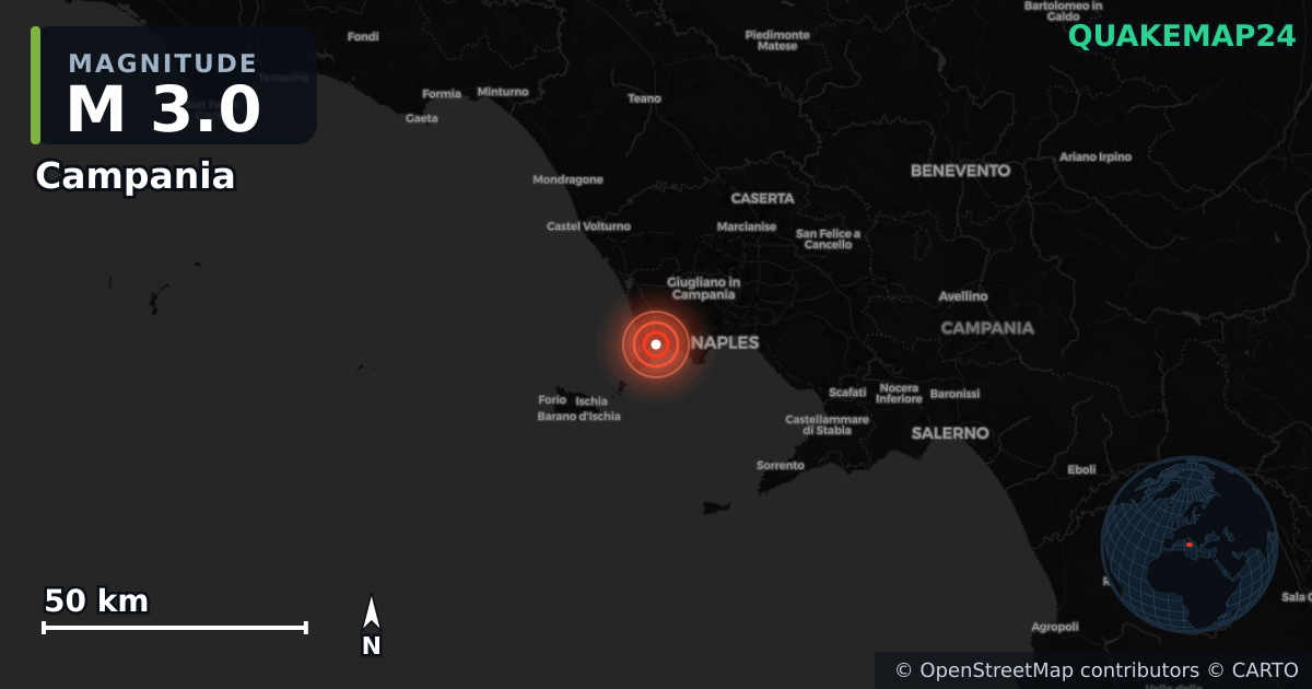 M3.0 earthquake near Campania on Aug 28, 2025 — map of epicenter and shaking intensity | QuakeMap24