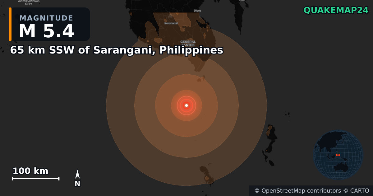M5.4 earthquake near 65 km SSW of Sarangani, Philippines on Jul 6, 2026 — map of epicenter and shaking intensity | QuakeMap24