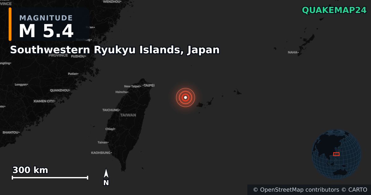 M5.4 earthquake near Southwestern Ryukyu Islands, Japan on Aug 7, 2025 — map of epicenter and shaking intensity | QuakeMap24