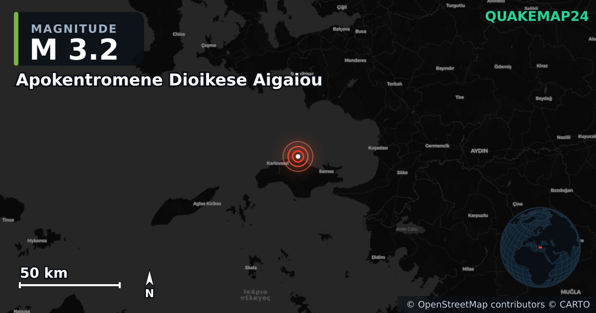 M3.2 earthquake near Apokentromene Dioikese Aigaiou on Sep 8, 2025 — map of epicenter and shaking intensity | QuakeMap24