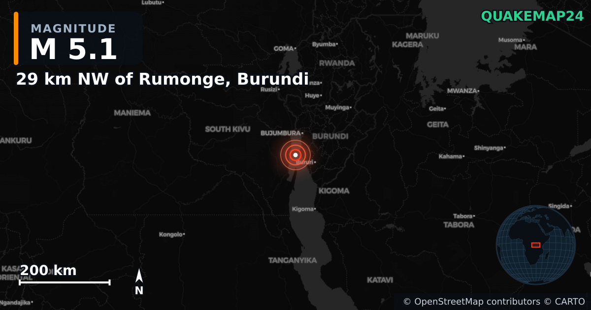 M5.1 earthquake near 29 km NW of Rumonge, Burundi on Jul 28, 2025 — map of epicenter and shaking intensity | QuakeMap24