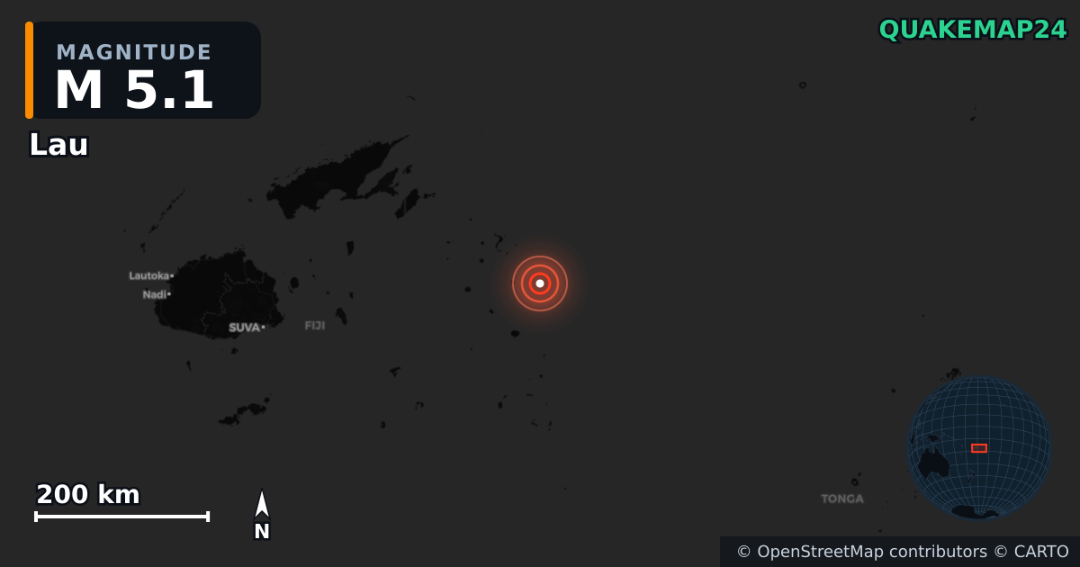 M5.1 earthquake near Lau on May 15, 2026 — map of epicenter and shaking intensity | QuakeMap24