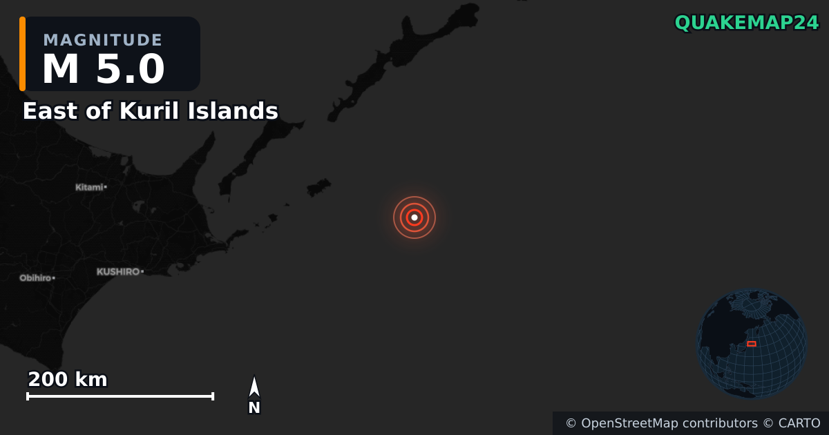 M5.0 earthquake near East of Kuril Islands on Dec 20, 2025 — map of epicenter and shaking intensity | QuakeMap24