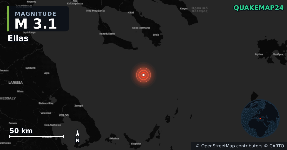 M3.1 earthquake near Ellas on May 22, 2026 — map of epicenter and shaking intensity | QuakeMap24