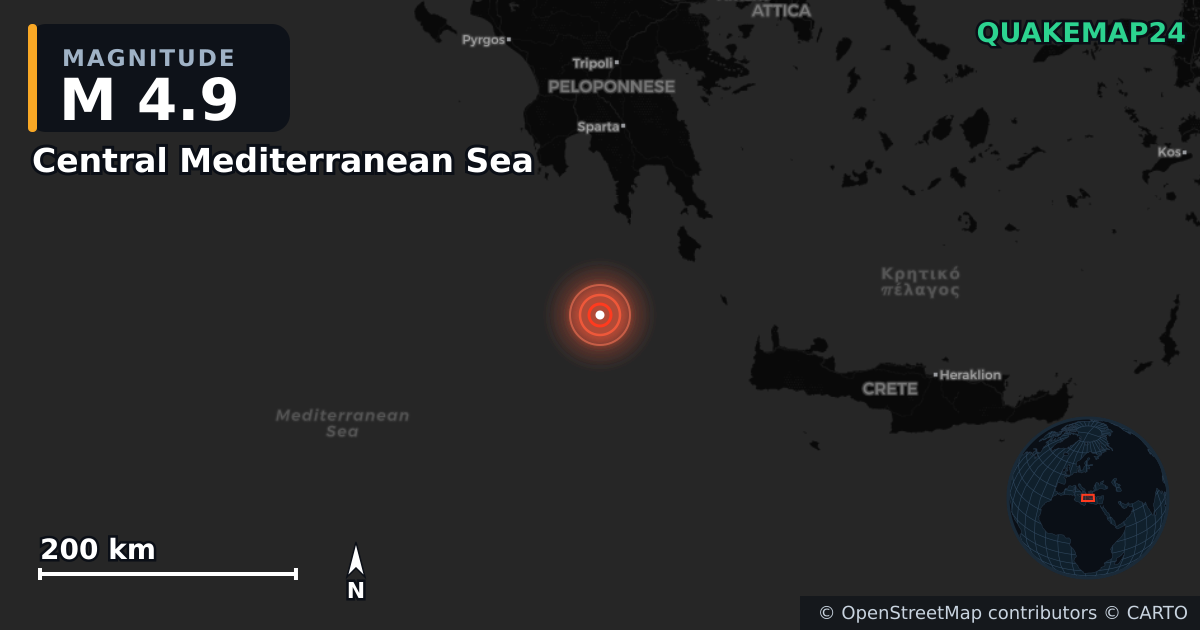 Erdbeben M4,9 bei Central Mediterranean Sea · 2026-04-08 — Karte der Lage des Epizentrums