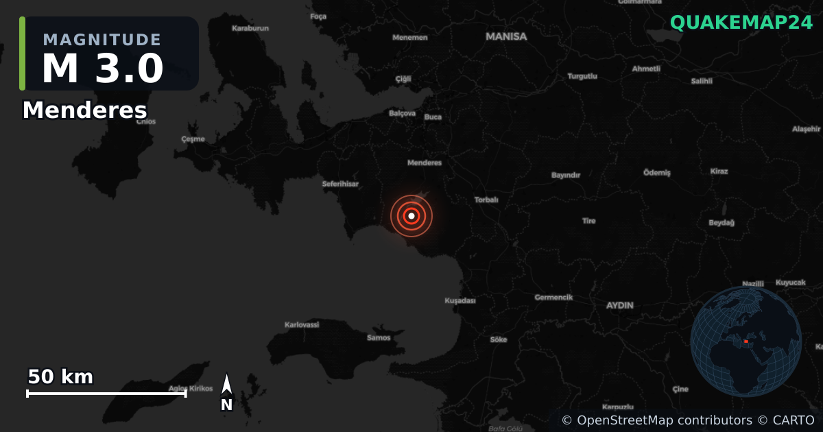 M3.0 earthquake near Menderes on May 28, 2025 — map of epicenter and shaking intensity | QuakeMap24