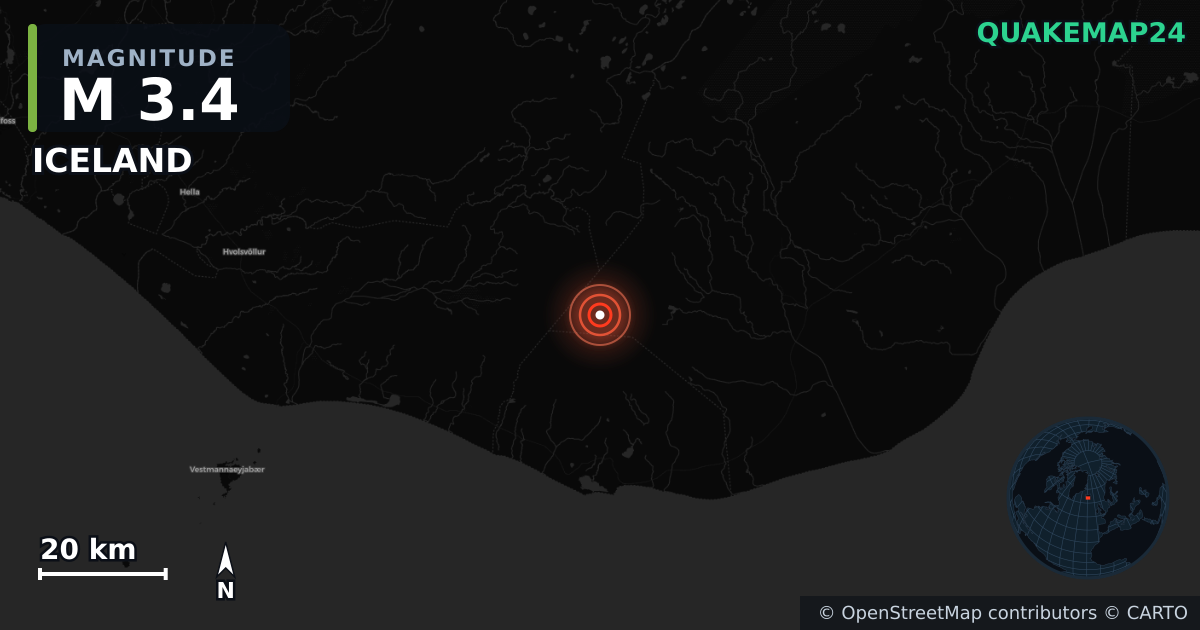 M3.4 earthquake near ICELAND on Oct 20, 2025 — map of epicenter and shaking intensity | QuakeMap24