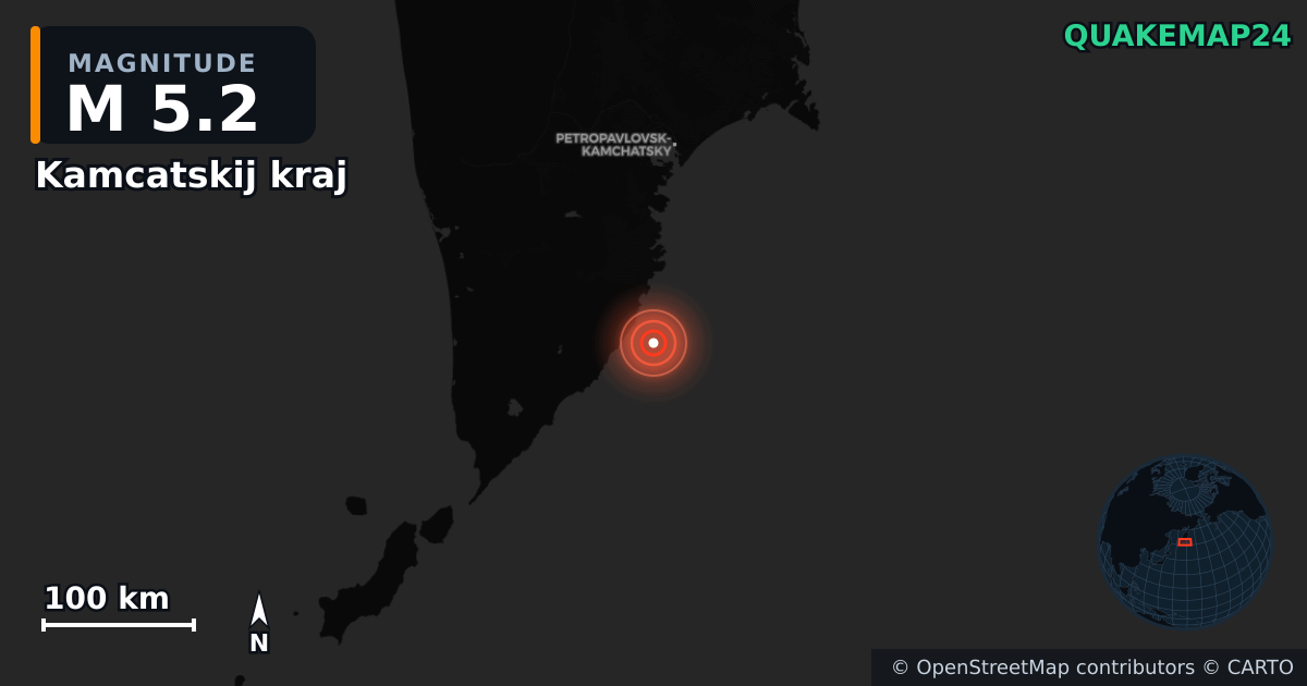 M5.2 earthquake near Kamcatskij kraj on Aug 4, 2025 — map of epicenter and shaking intensity | QuakeMap24
