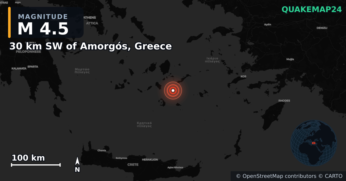 M4.5 earthquake near 30 km SW of Amorgós, Greece on Feb 6, 2025 — map of epicenter and shaking intensity | QuakeMap24