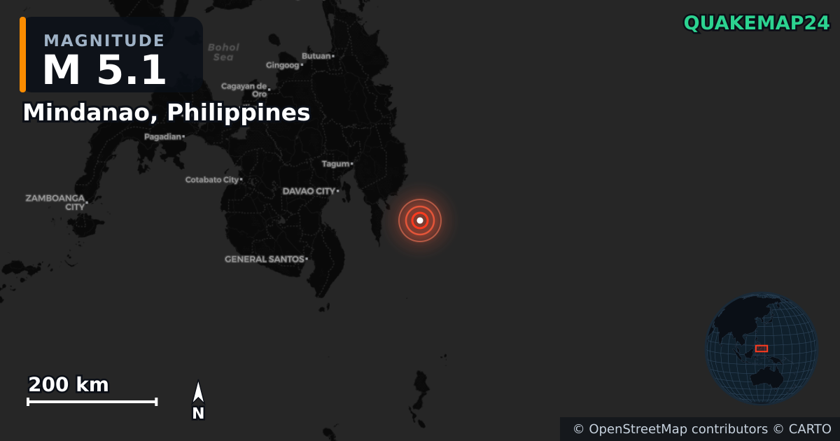Mindanao, Philippines yakınında M5,1 deprem · 2026-06-17 — Deprem merkez üssünün konumunu gösteren harita