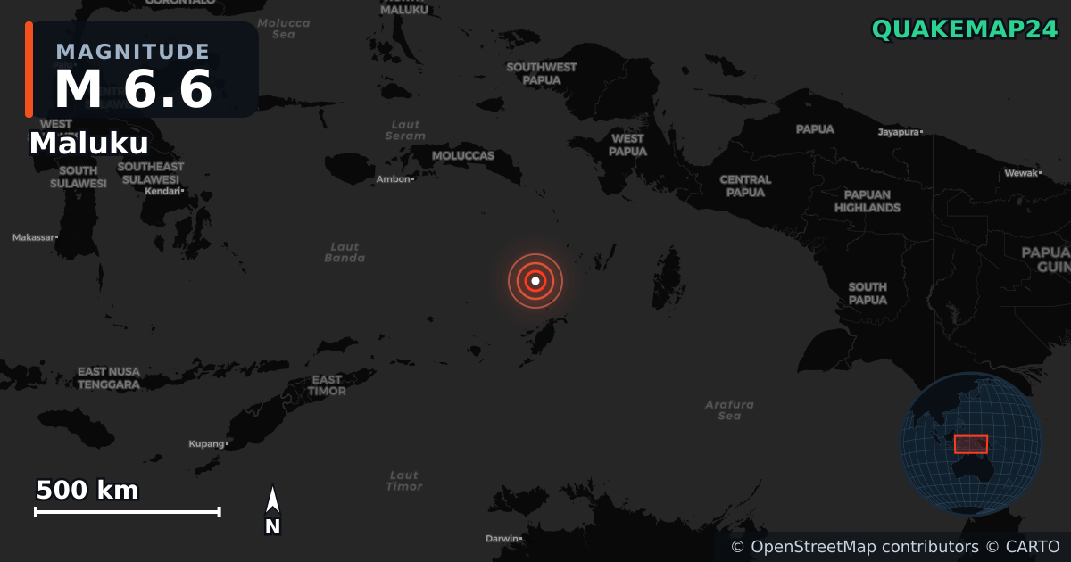 M6.6 earthquake near Maluku on Jul 14, 2025 — map of epicenter and shaking intensity | QuakeMap24