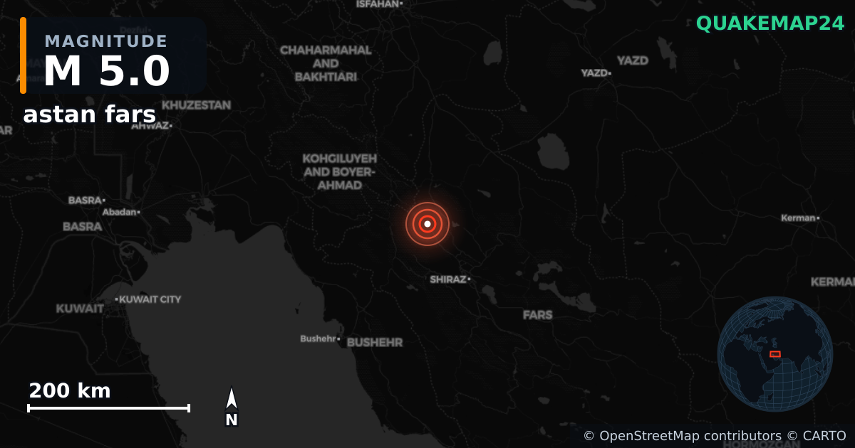 M5.0 earthquake near astan fars on Oct 21, 2025 — map of epicenter and shaking intensity | QuakeMap24