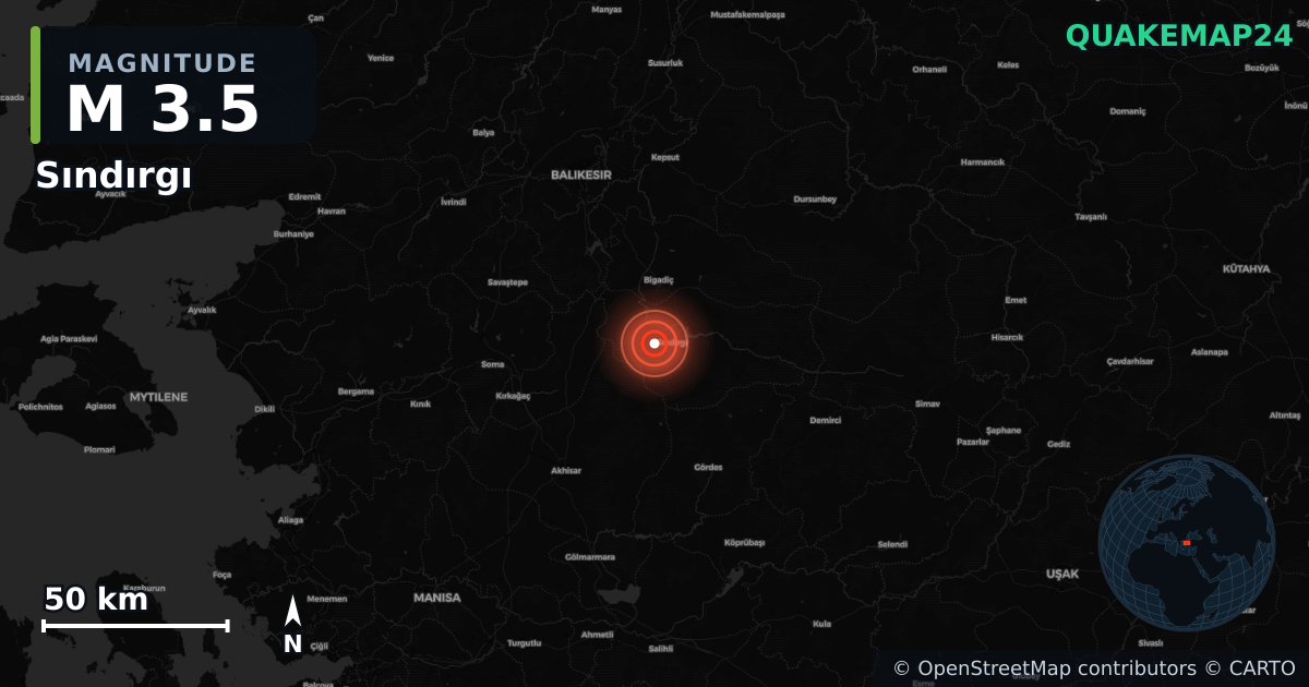 M3.5 earthquake near Sındırgı on Aug 27, 2025 — map of epicenter and shaking intensity | QuakeMap24