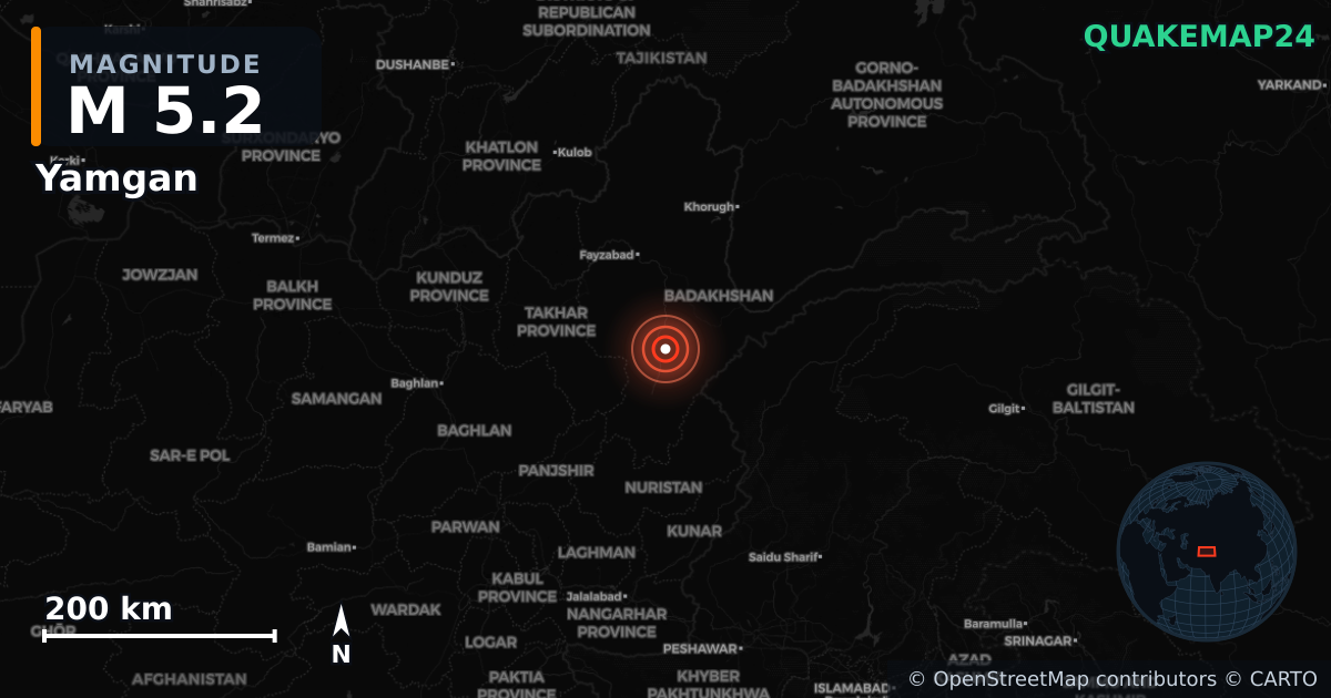M5.2 earthquake near Yamgan on Jun 22, 2026 — map of epicenter and shaking intensity | QuakeMap24
