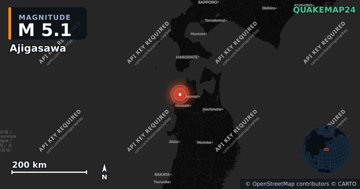 M5.1 earthquake near Ajigasawa on Aug 27, 2026 — map of epicenter and shaking intensity | QuakeMap24