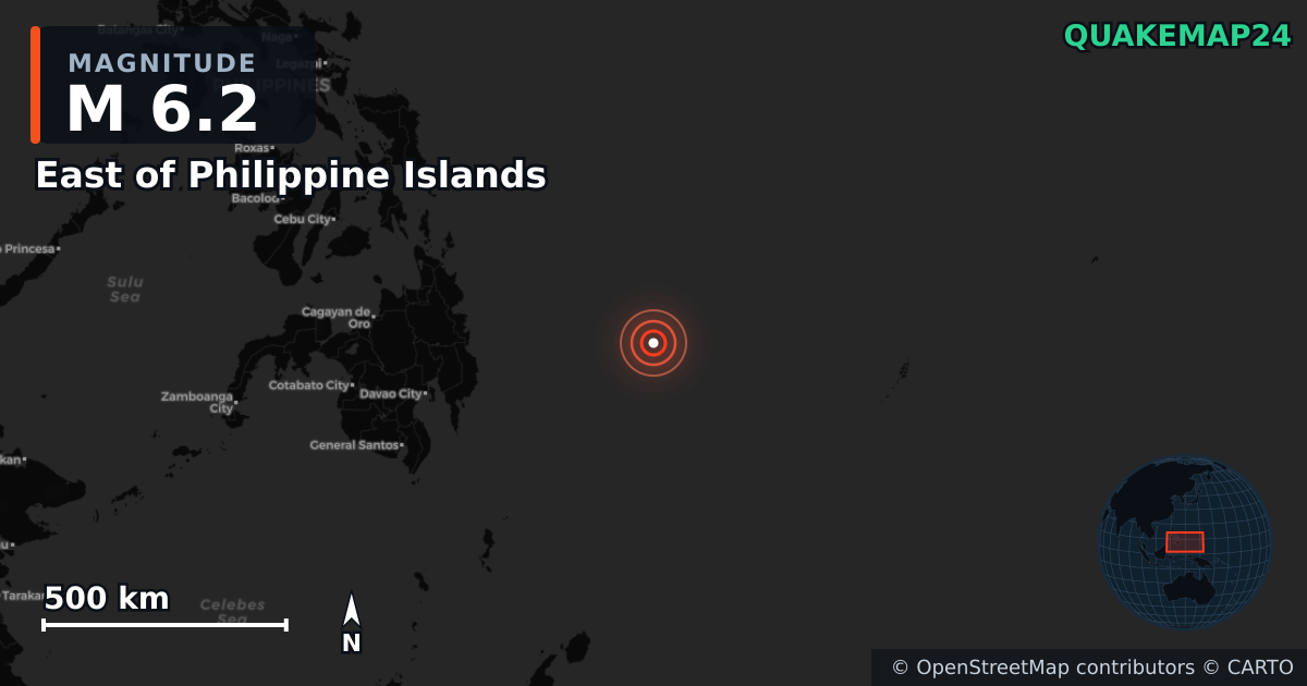 M6.2 earthquake near East of Philippine Islands on Jun 24, 2025 — map of epicenter and shaking intensity | QuakeMap24