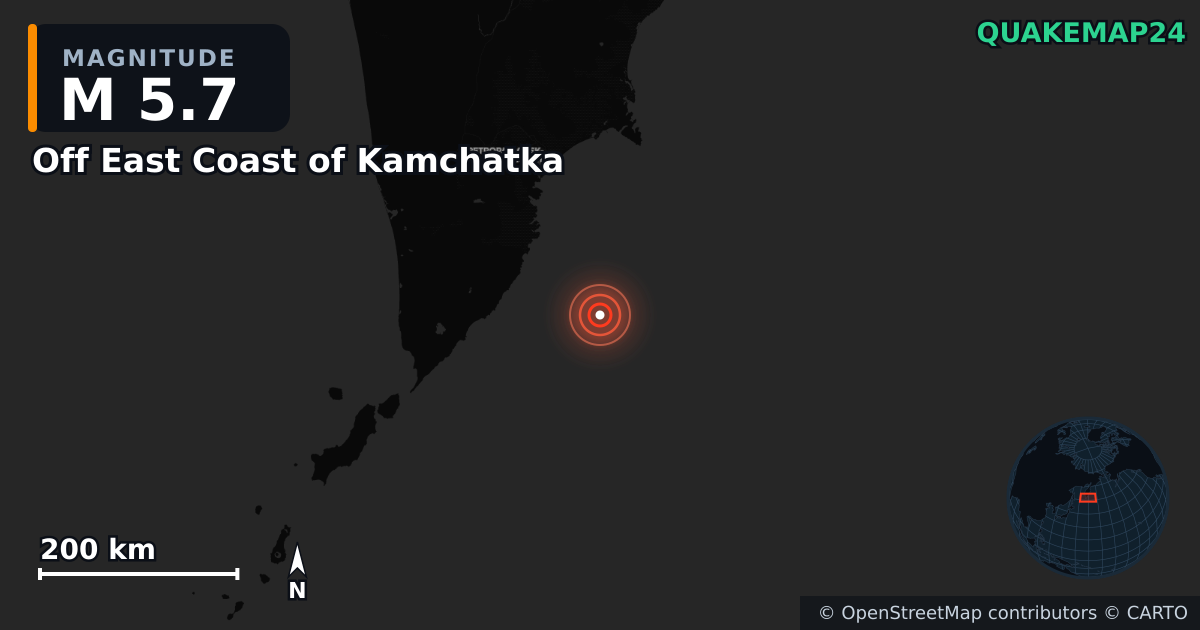 M5.7 earthquake near Off East Coast of Kamchatka on Aug 6, 2025 — map of epicenter and shaking intensity | QuakeMap24