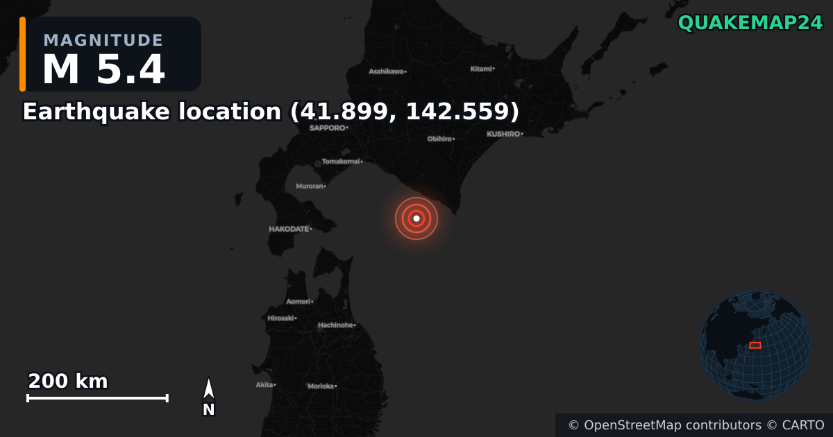 M5.4 earthquake near Deprem konumu (41.899, 142.559) on May 22, 2025 — map of epicenter and shaking intensity | QuakeMap24