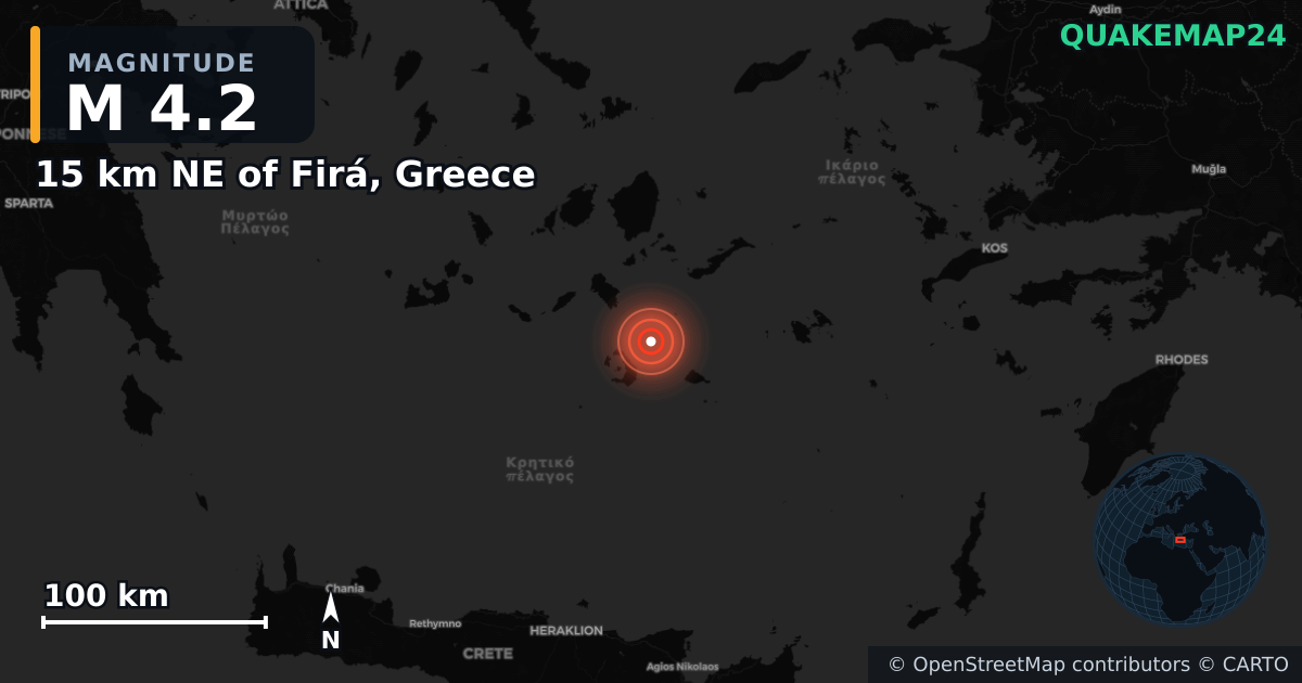 M4.2 earthquake near 15 km NE of Firá, Greece on Feb 11, 2025 — map of epicenter and shaking intensity | QuakeMap24