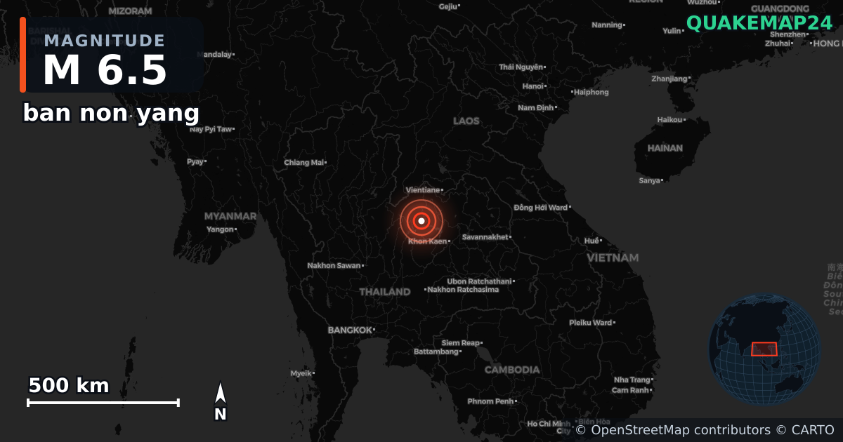 M6.5 earthquake near ban non yang on Feb 22, 2026 — map of epicenter and shaking intensity | QuakeMap24