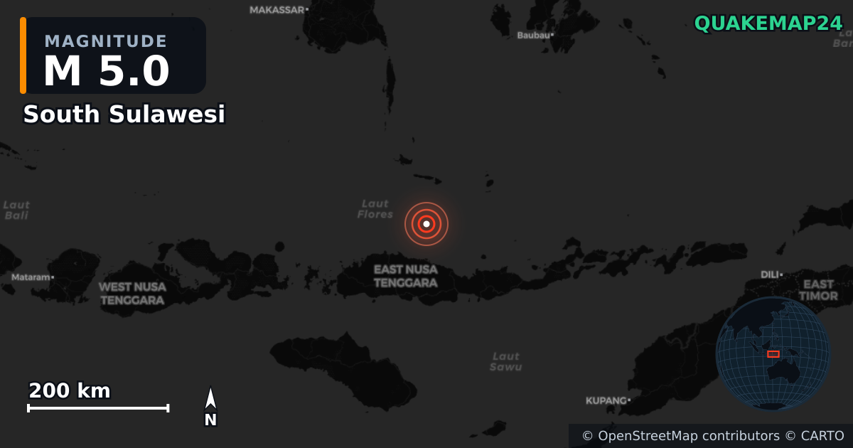 M5.0 earthquake near South Sulawesi on Aug 25, 2026 — map of epicenter and shaking intensity | QuakeMap24
