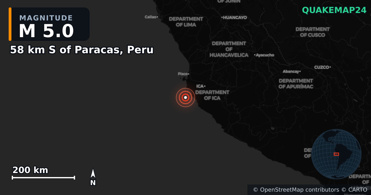M5.0 earthquake near 58 km S of Paracas, Peru on Jan 28, 2025 — map of epicenter and shaking intensity | QuakeMap24