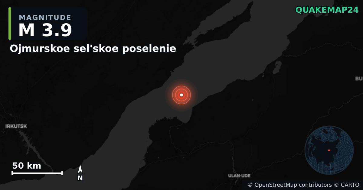 M3.9 earthquake near Ojmurskoe sel'skoe poselenie on Jun 26, 2026 — map of epicenter and shaking intensity | QuakeMap24